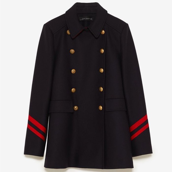 ZARA Navy Double-Breasted Military Wool blend Coat sz M - Picture 3 of 12